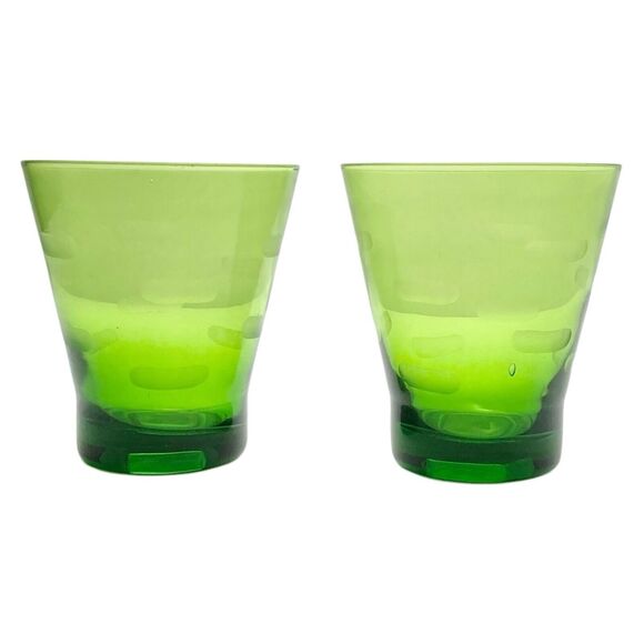 1970s Pair of Old Fashioned Lowball Etched Cocktail Glasses 4 1/8” 12oz Barware
